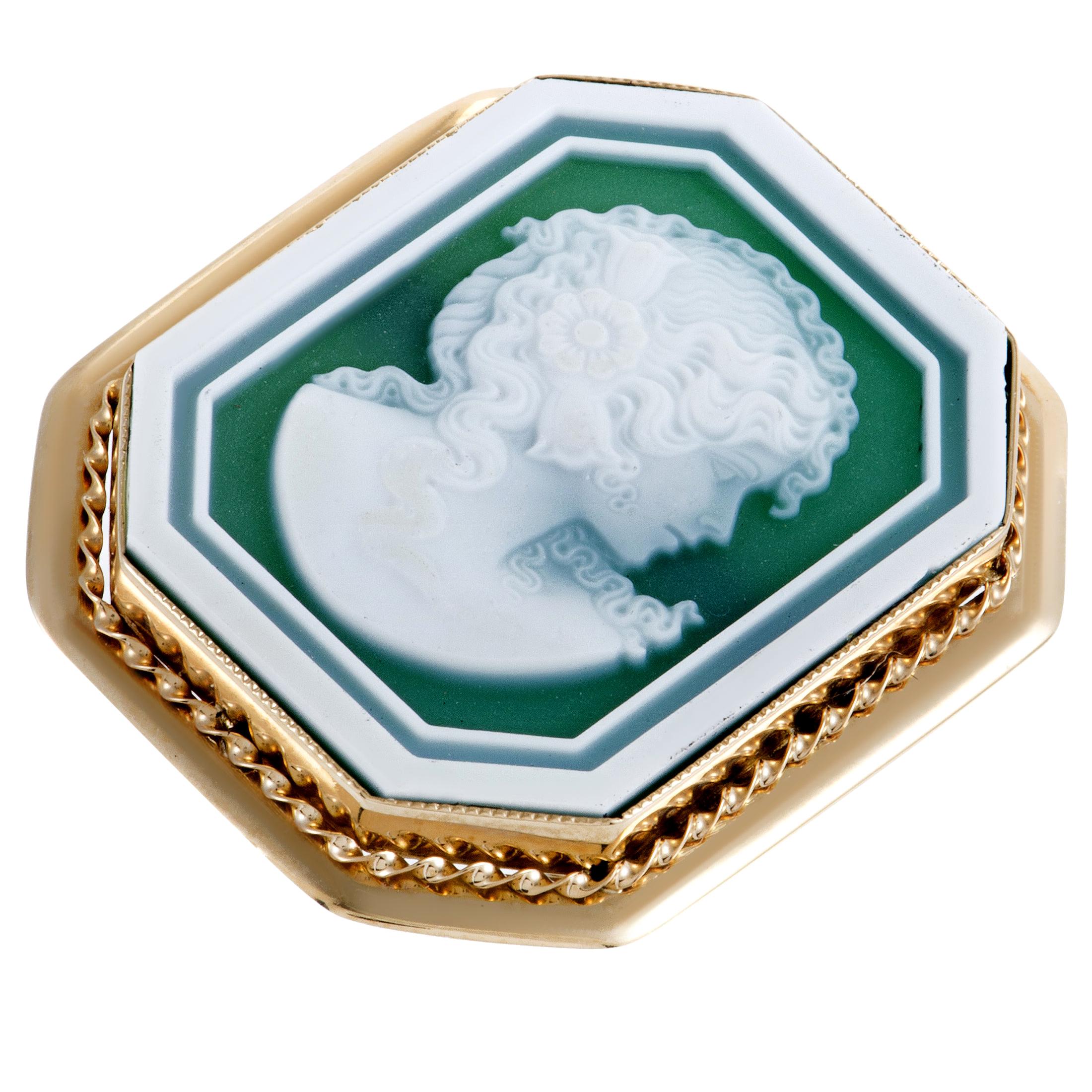 Yellow Gold Green Agate Cameo Large Ring