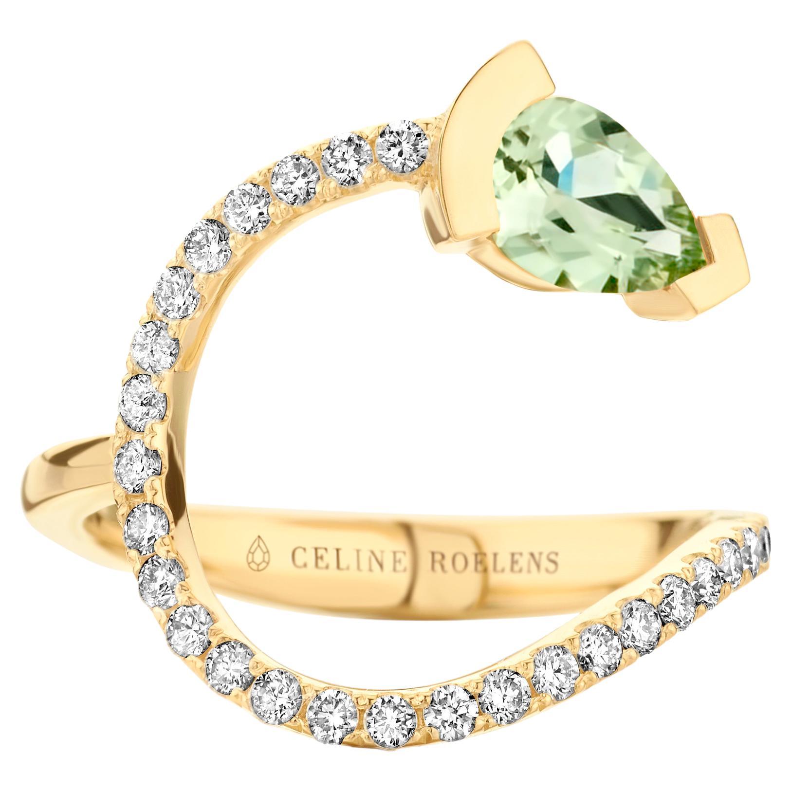 Yellow Gold Green Beryl Diamond Cocktail Ring For Sale