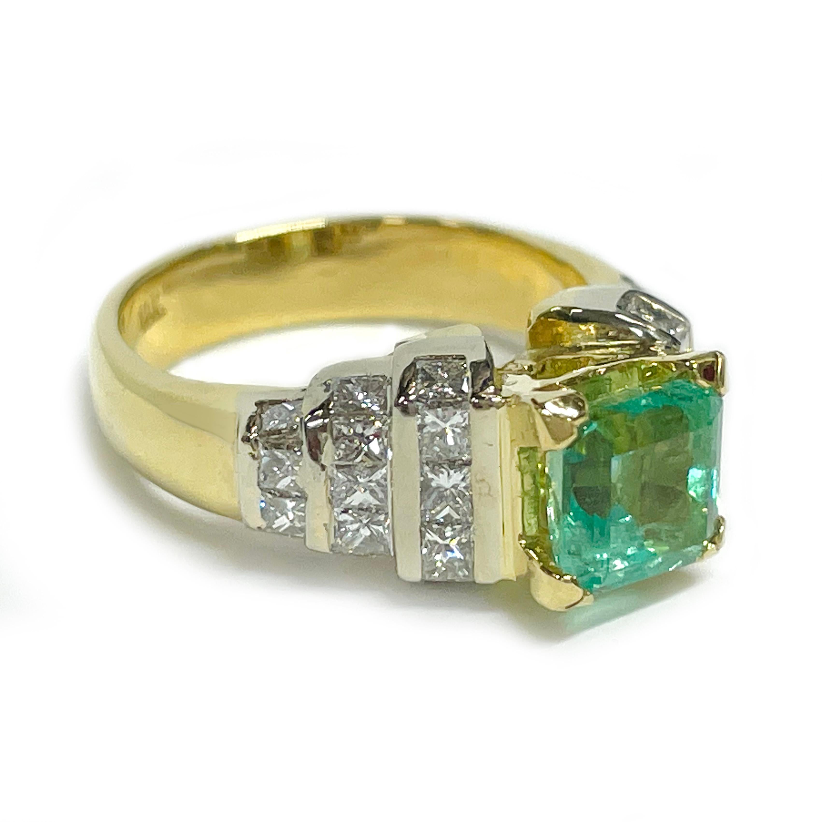 This 18 Karat Yellow Gold Green Beryl Diamond Ring features a stunning prong-set square-cut Green Beryl measuring 6.75 x 6.99 x 5.49mm. The Green Beryl showcases slight inclusions, though none are visible on the surface, adding character to the