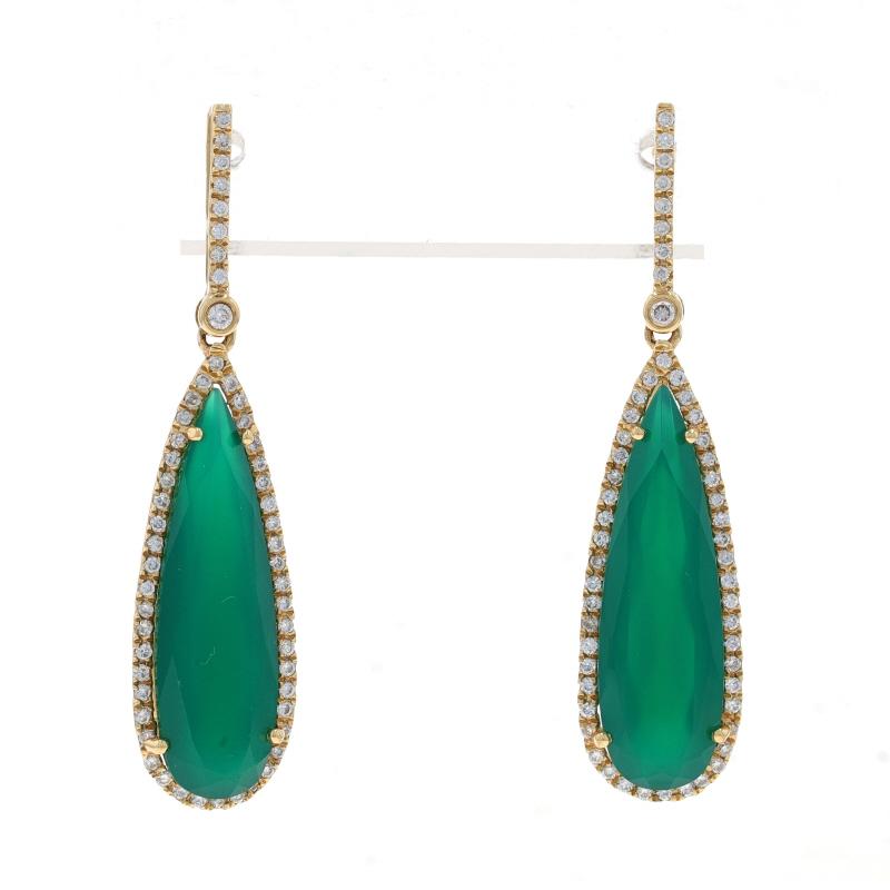 Metal Content: 14k Yellow Gold

Stone Information
Natural Green Chalcedony
Cut: Pear

Natural Diamonds
Carat(s): .47ctw
Cut: Round Brilliant
Color: G
Clarity: VS2 - SI1

Total Carats: .47ctw

Style: Halo Dangle
Fastening Type: Butterfly