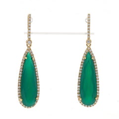 Yellow Gold Green Chalcedony & Diamond Halo Dangle Earrings - 14k Pear .47ctw