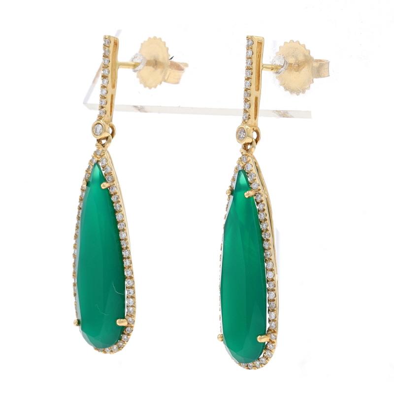 Pear Cut Yellow Gold Green Chalcedony & Diamond Halo Dangle Earrings - 14k Pear .47ctw For Sale