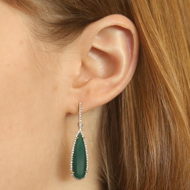Yellow Gold Green Chalcedony & Diamond Halo Dangle Earrings - 14k Pear .47ctw In New Condition For Sale In Greensboro, NC