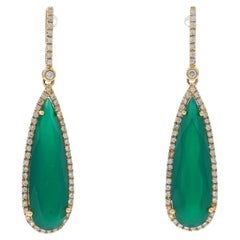 Yellow Gold Green Chalcedony & Diamond Halo Dangle Earrings - 14k Pear .47ctw