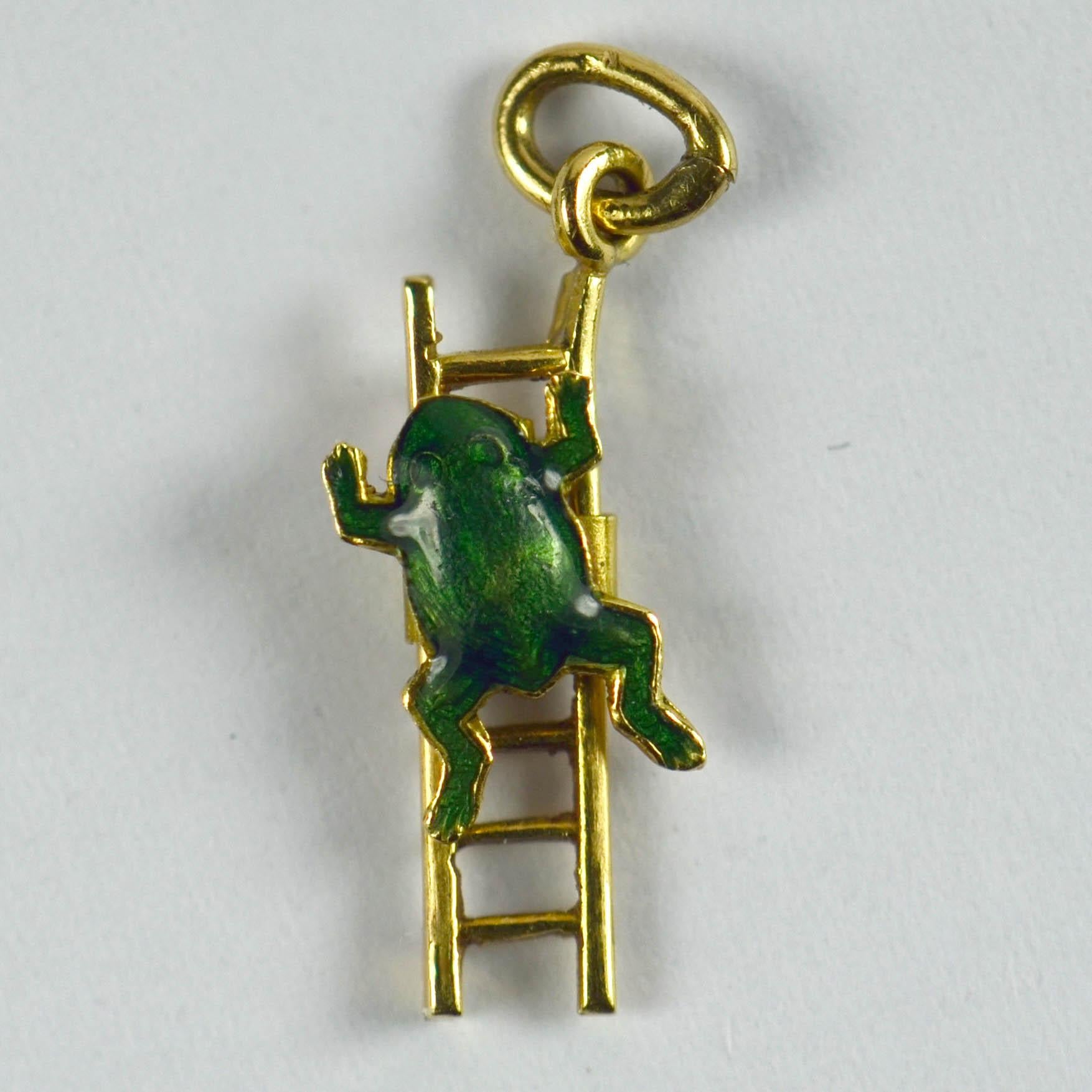 An 18 karat yellow gold charm pendant designed as a ladder with a moving green enamel frog on it. The frog slides up and down the ladder.

Dimensions: 2 x 0.5 x 0.3 cm
Weight: 0.52 grams