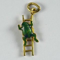 Yellow Gold Green Enamel Frog Ladder Moving Charm Pendant