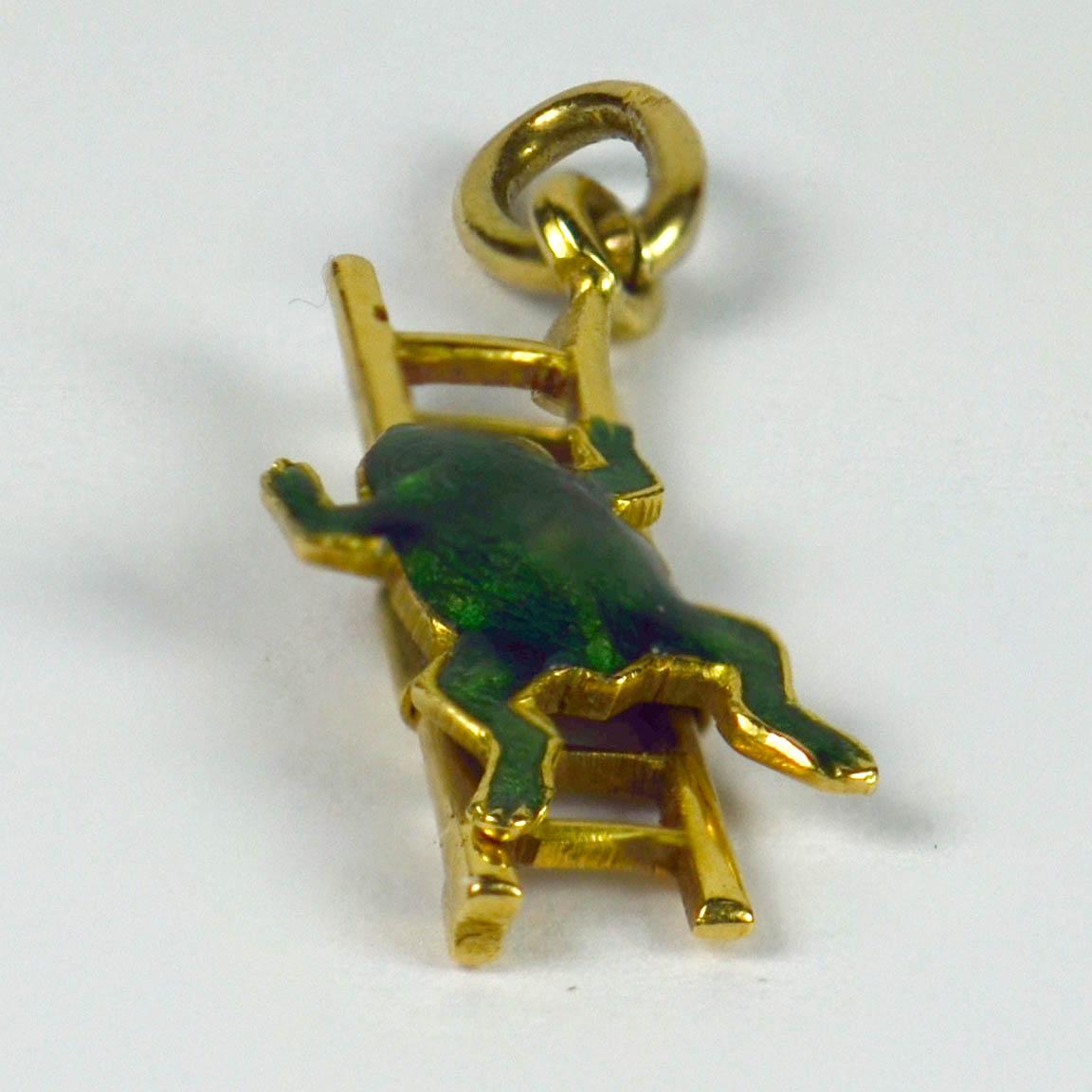 Yellow Gold Green Enamel Frog Ladder Moving Charm Pendant In Good Condition In London, GB