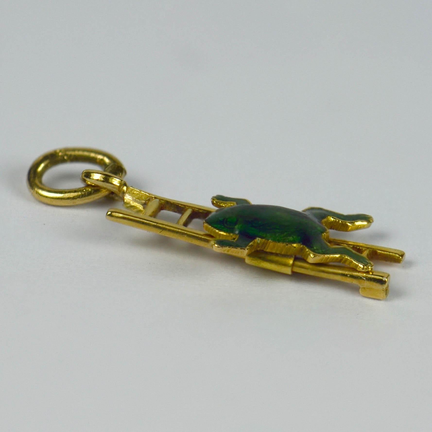 Women's or Men's Yellow Gold Green Enamel Frog Ladder Moving Charm Pendant