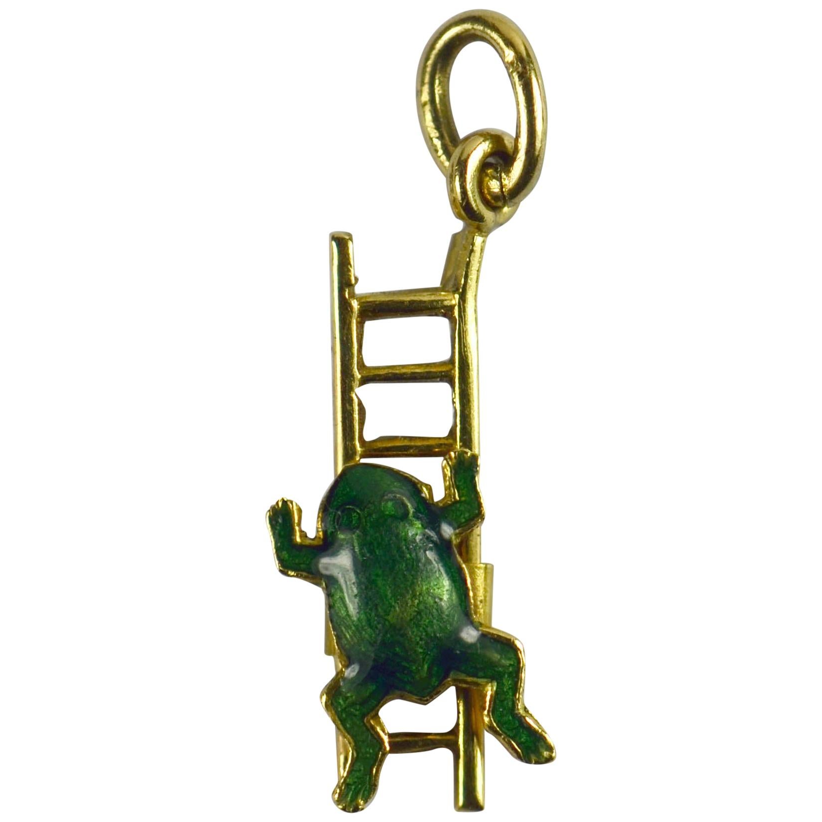 Yellow Gold Green Enamel Frog Ladder Moving Charm Pendant