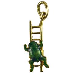 Yellow Gold Green Enamel Frog Ladder Moving Charm Pendant