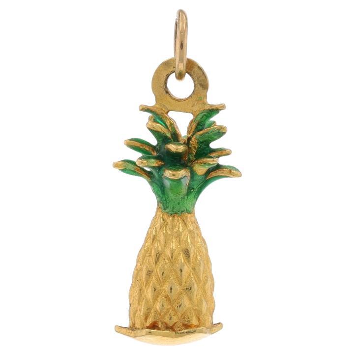 Yellow Gold Green Enamel Pineapple Charm 18k Tropical Fruit Southern Hospitality For Sale