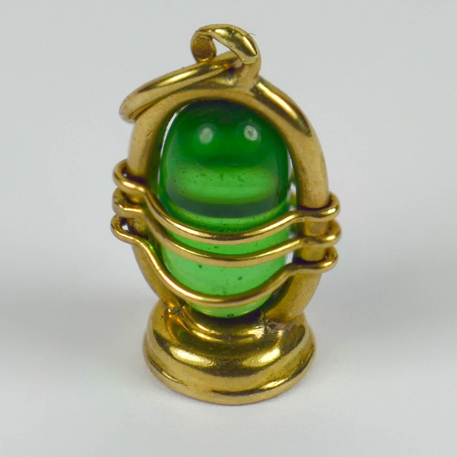 Women's or Men's Yellow Gold Green Paste Lantern Charm Pendant