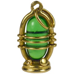 Vintage Yellow Gold Green Paste Lantern Charm Pendant