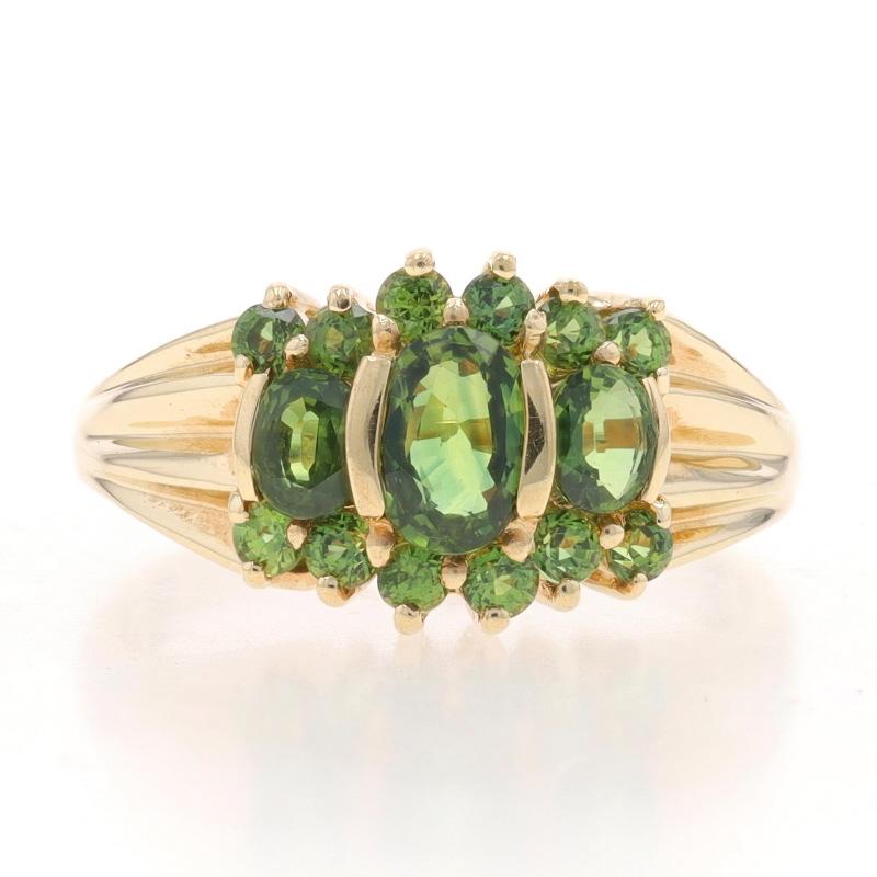 Size: 7
Sizing Fee: Up 1 1/2 sizes for $35 or Down 2 sizes for $35

Metal Content: 10k Yellow Gold

Stone Information

Natural Sapphires
Treatment: Heating
Carat(s): 1.56ctw
Cut: Oval & Round
Color: Green

Total Carats: 1.56ctw

Style: Three-Stone