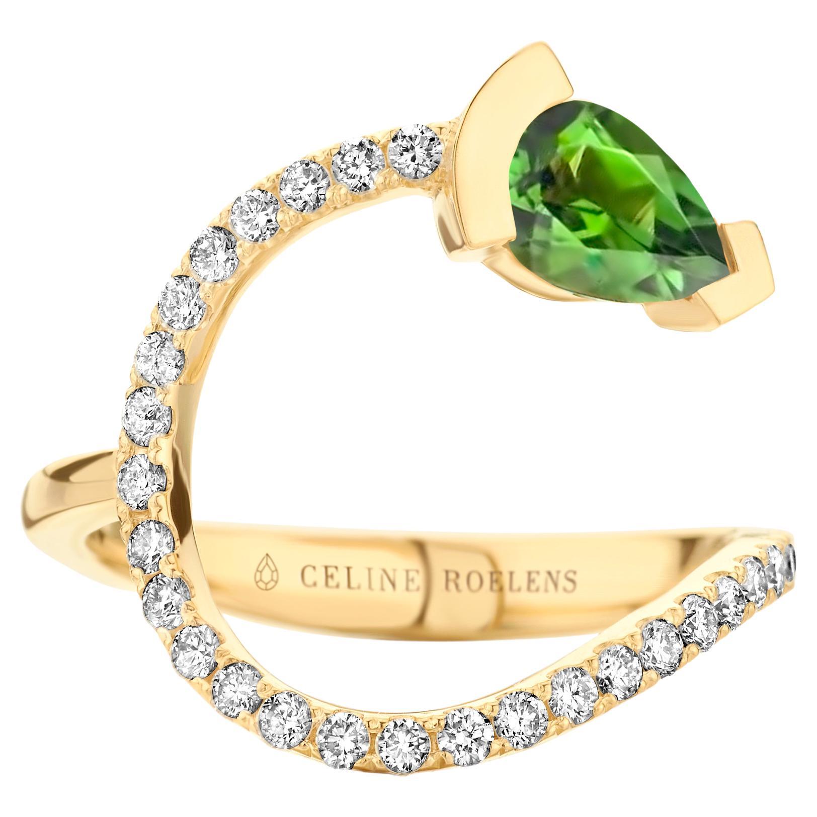 Yellow Gold Green Tourmaline Diamond Cocktail Ring  For Sale