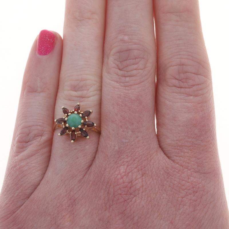 Taille Marquise Bague Botanique Vintage en Or Jaune Grenat Turquoise Verte - 14k .72ctw Flower en vente