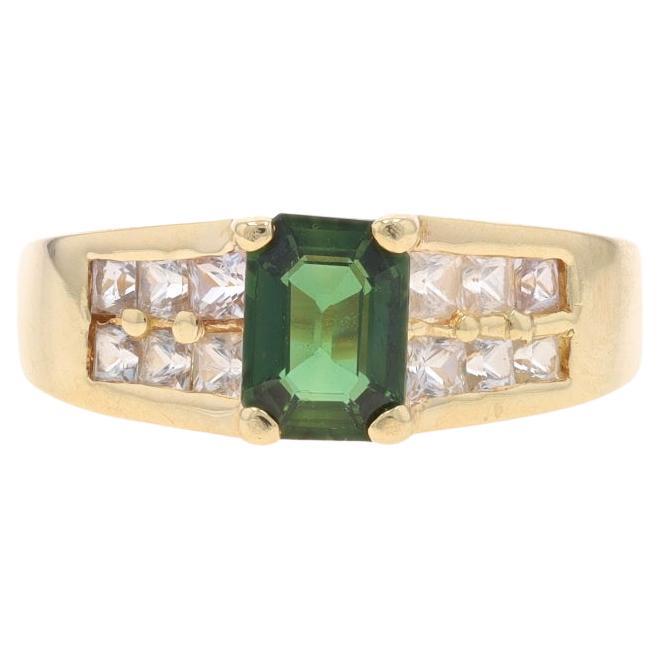 Yellow Gold Green & White Sapphire Ring - 10k Emerald Cut 1.60ctw For Sale