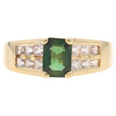 Yellow Gold Green & White Sapphire Ring - 10k Emerald Cut 1.60ctw