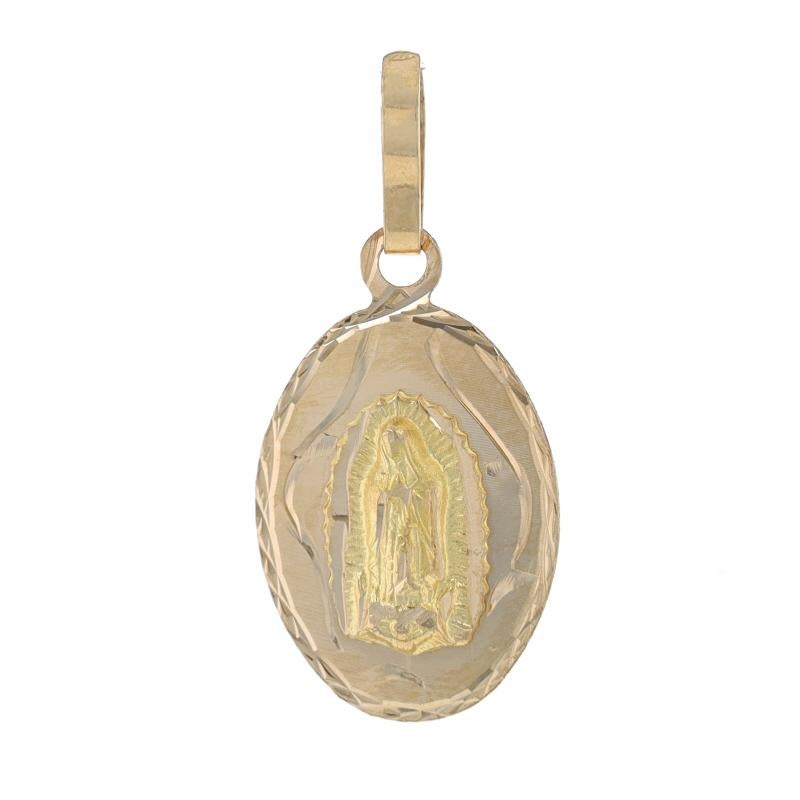 Metal Content: 14k Yellow Gold

Style: Faith Medal
Theme: Our Lady of Guadalupe, Sacred Heart of Jesus
Features: Reversible Design with Etched Detailing

Measurements
Tall (from stationary bail): 27/32