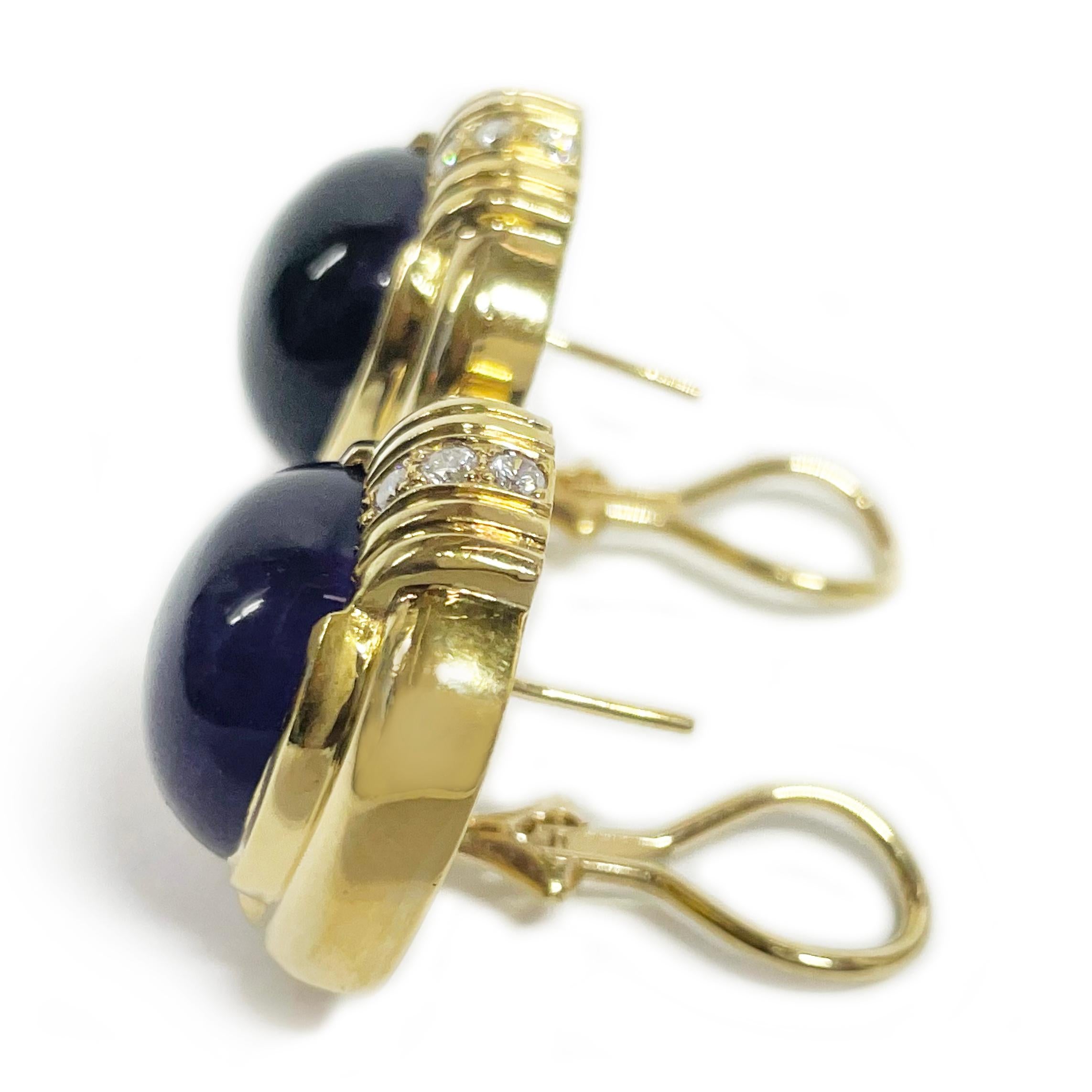 Retro Yellow Gold Gump's Amethyst Cabochon and Diamond Earrings For Sale