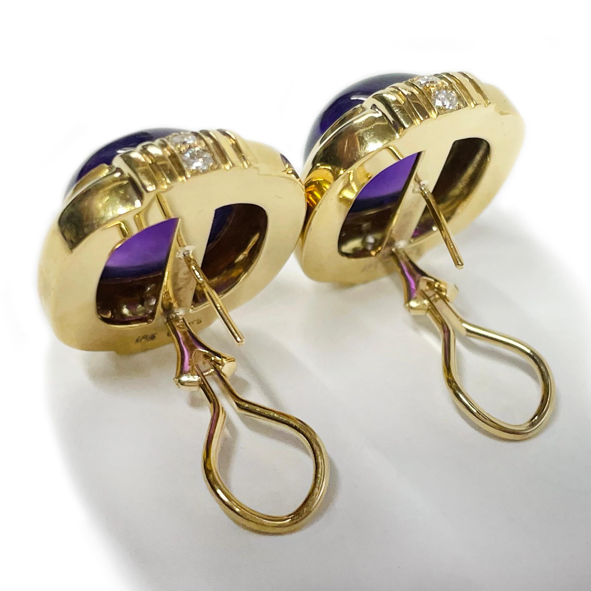 Oval Cut Yellow Gold Gump's Amethyst Cabochon and Diamond Earrings For Sale