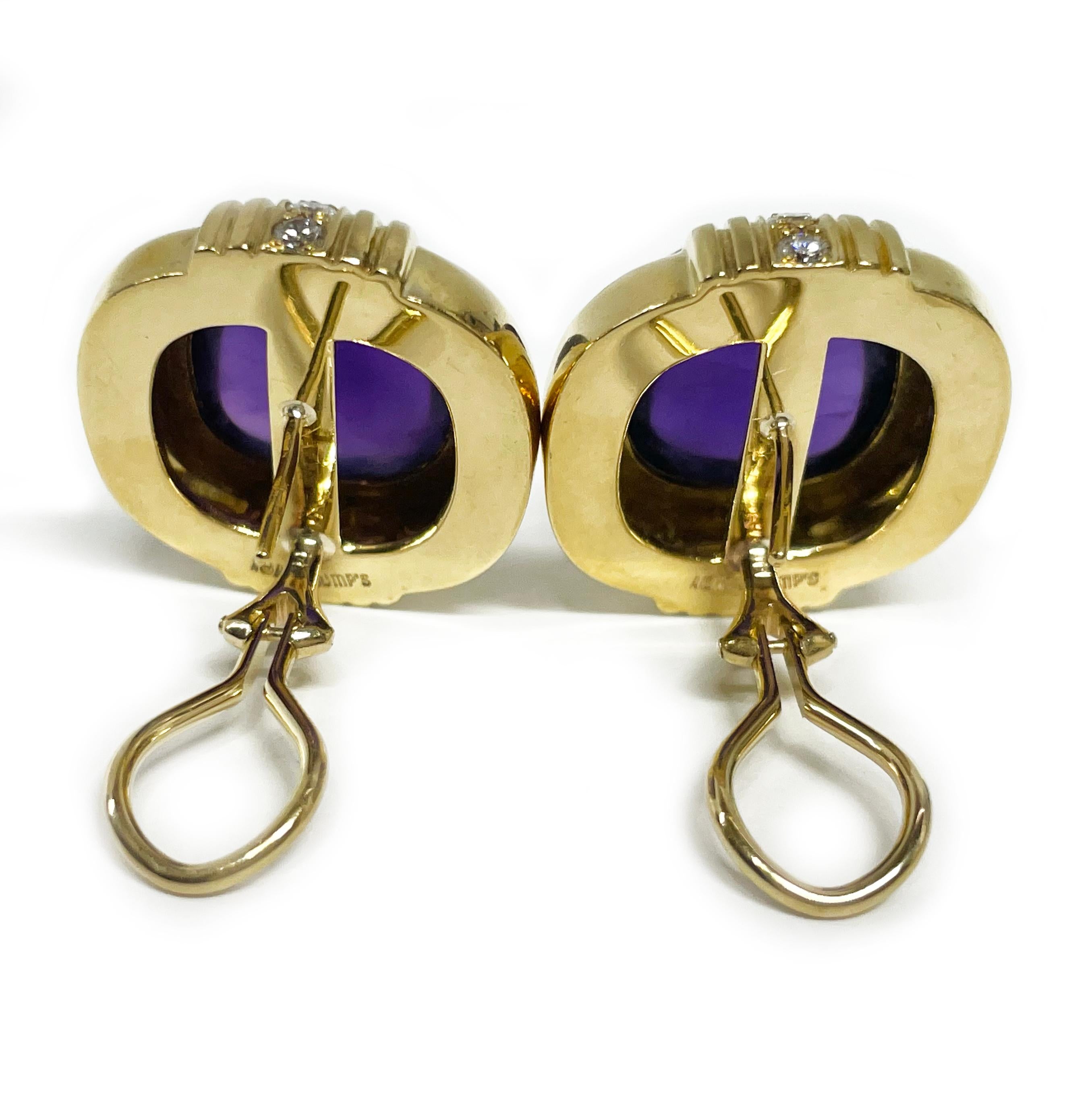 Yellow Gold Gump's Amethyst Cabochon and Diamond Earrings In Good Condition For Sale In Palm Desert, CA