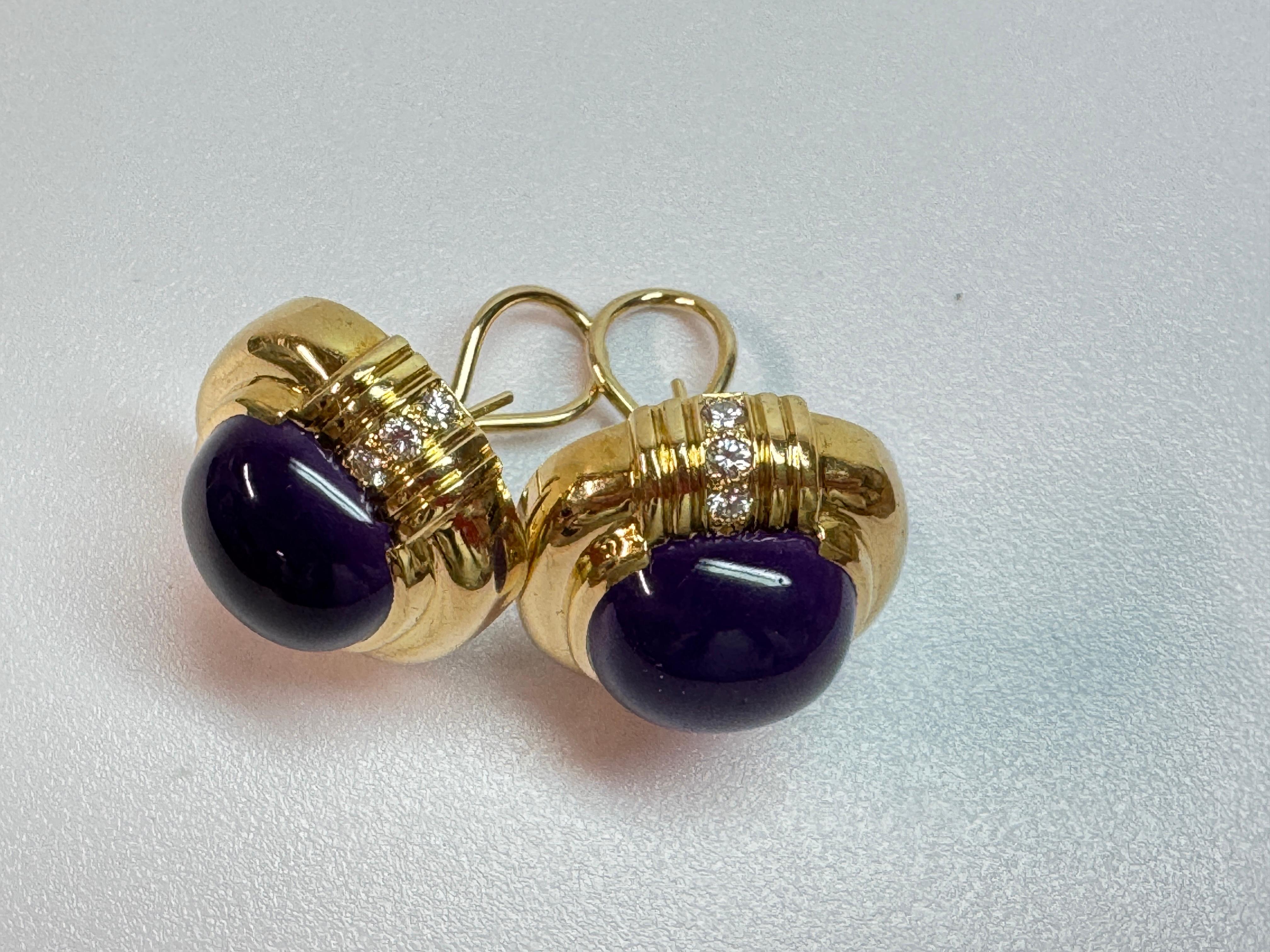 Women's or Men's Yellow Gold Gump's Amethyst Cabochon and Diamond Earrings For Sale