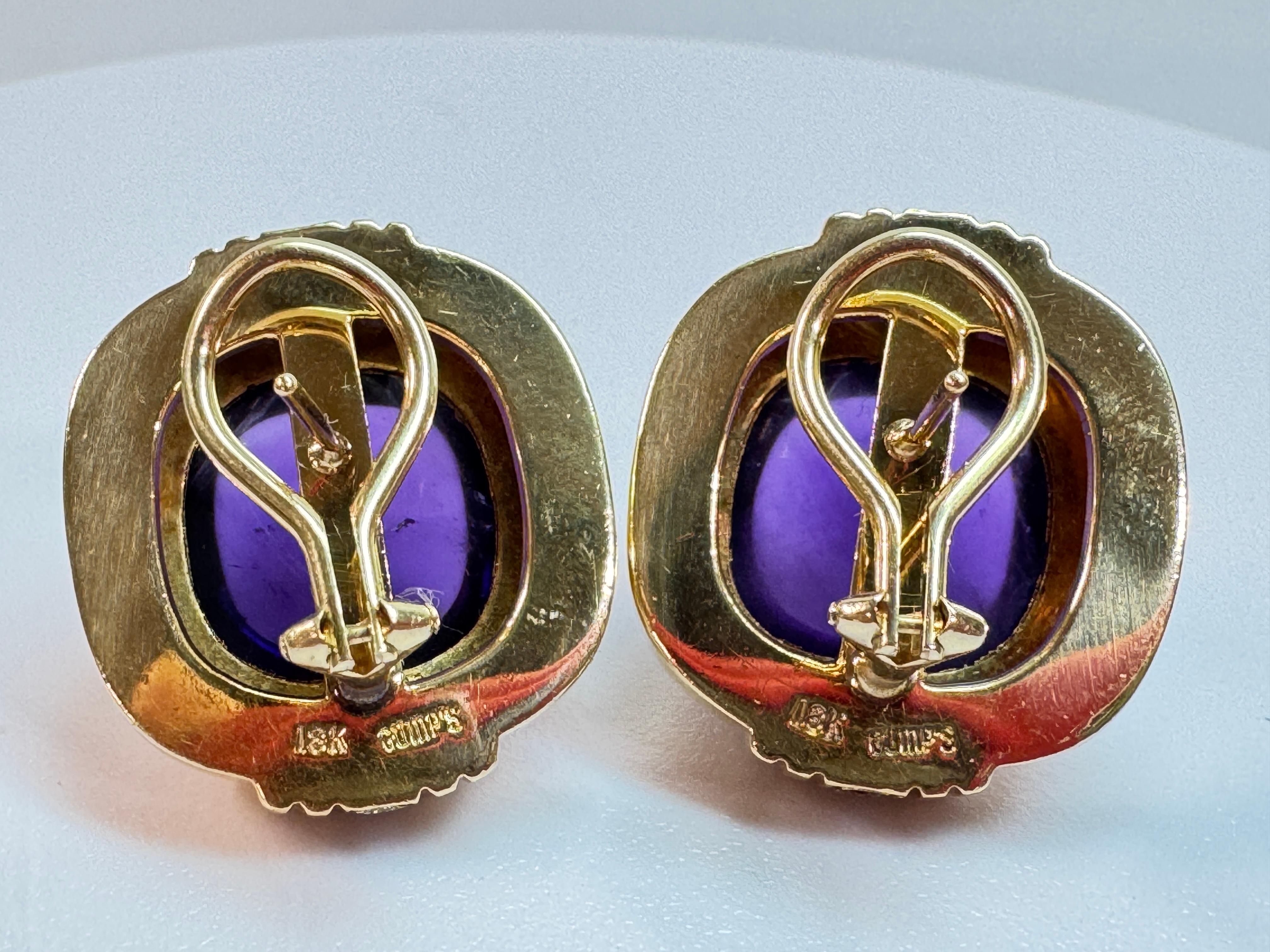 Yellow Gold Gump's Amethyst Cabochon and Diamond Earrings For Sale 1