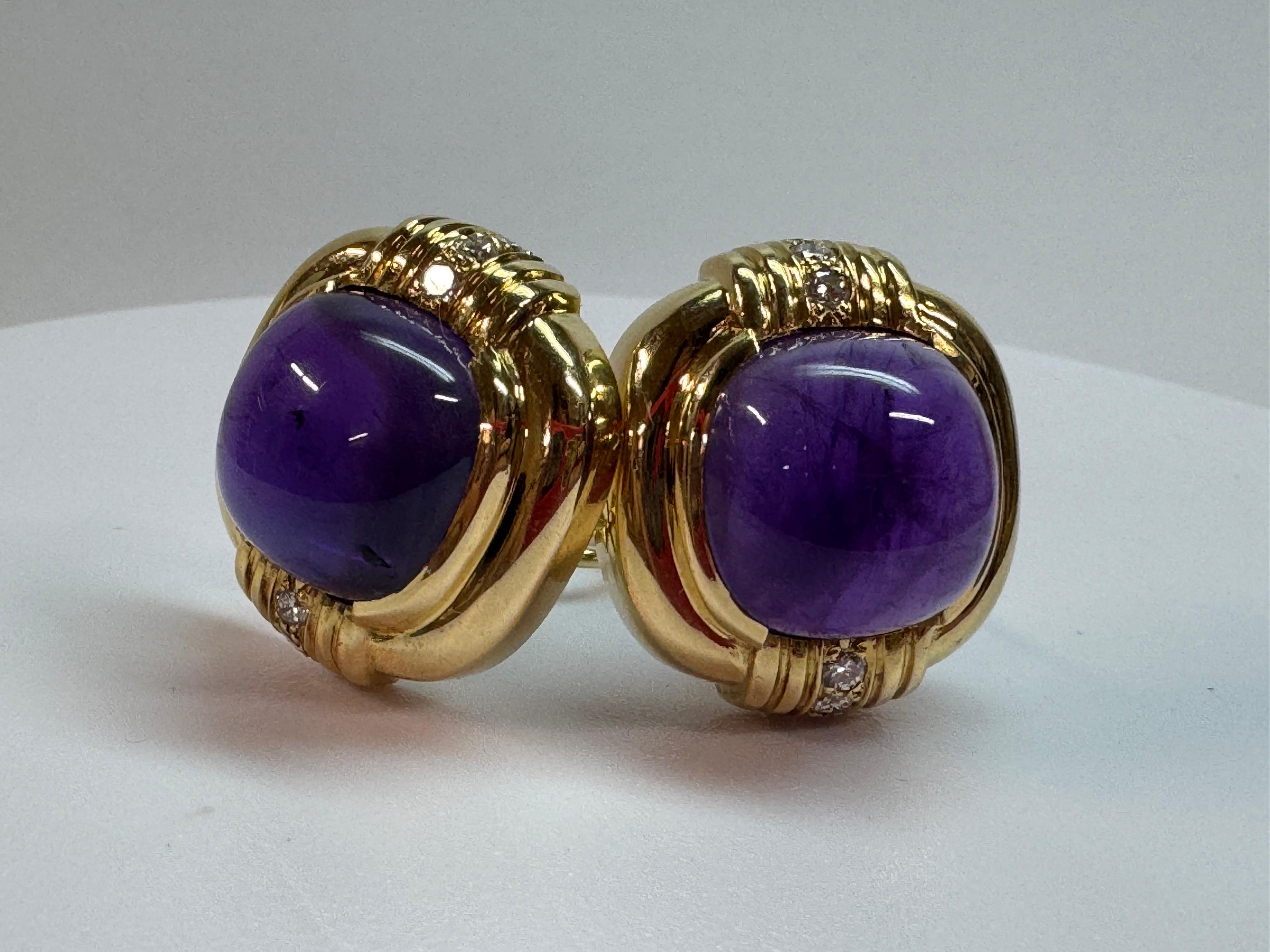Yellow Gold Gump's Amethyst Cabochon and Diamond Earrings For Sale 2