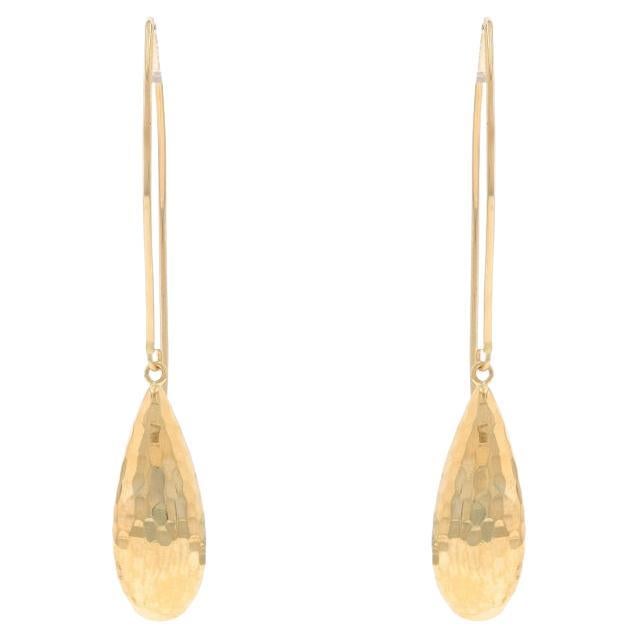 Yellow Gold Hammered Teardrop Dangle Earrings - 14k Pierced Threader