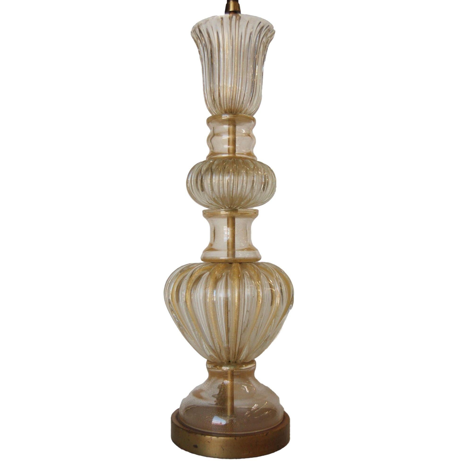 Large ornate gold hand blown Barovier style Murano glass table lamp takes two bulbs on pull Cain. Measure: 8