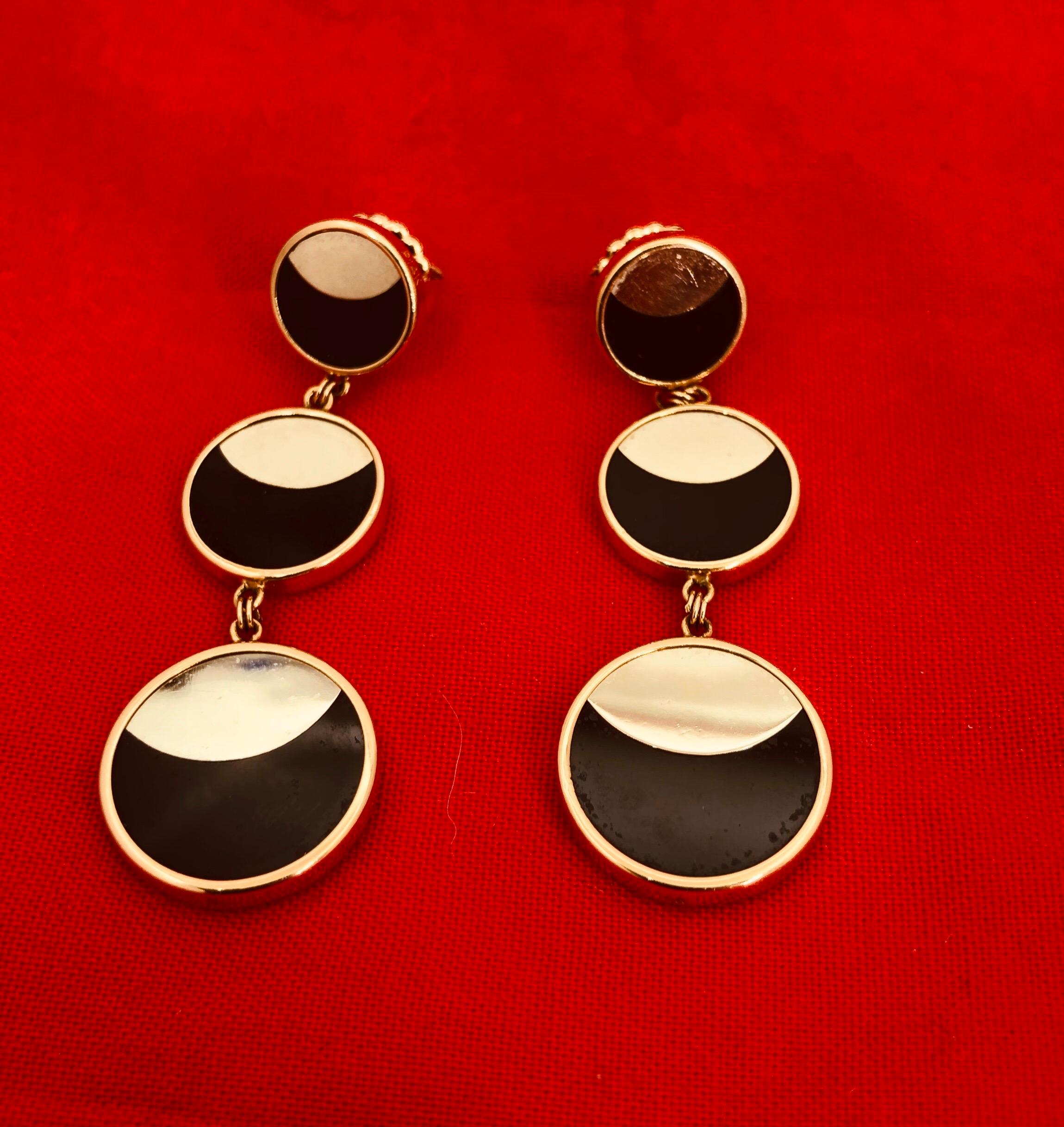Half Moon Cut Yellow Gold Hanging Earrings with Onyx and Modern Design