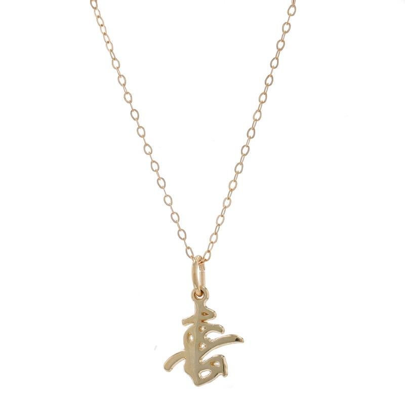 Metal Content: 14k Yellow Gold

Chain Style: Flat Cable
Necklace Style: Chain
Fastening Type: Lobster Claw Clasp
Theme: Happiness, Chinese Character

Measurements

Item 1: Pendant
Tall (from stationary bail): 5/8