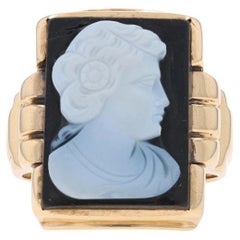 Anillo de oro amarillo Hardstone / Ágata en banda Art Decó para hombre - 10k Vintage Cameo
