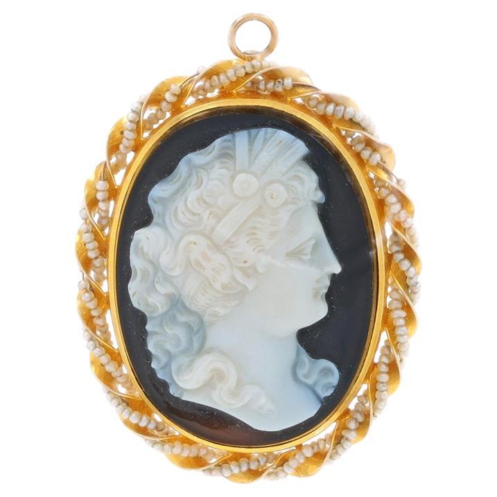 Yellow Gold Hardstone Banded Agate & Pearl Art Deco Brooch/Pendant 14k Cameo Pin For Sale