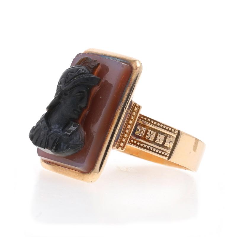 Yellow Gold Hardstone Banded Agate Victorian Men's Ring 14k Carved Cameo Warrior In Good Condition For Sale In Greensboro, NC