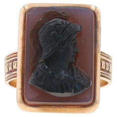 Antique Yellow Gold Hardstone Banded Agate Victorian Men's Ring 14k Carved Cameo Warrior