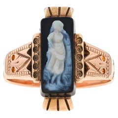 Anillo Victoriano de Ágata en Oro Amarillo Hardstone/Bandas - Solitario Cameo Antiguo 14k