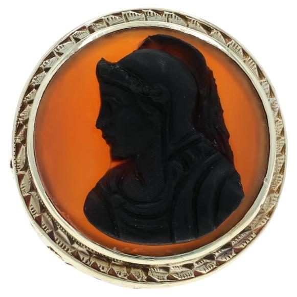 Or jaune Hardstone Edwardian Ancient Warrior Ring 14k Carved Cameo Silhouette en vente
