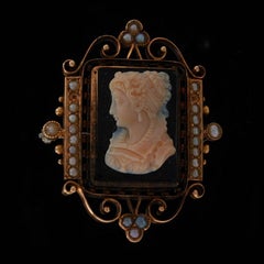 Yellow Gold Hardstone Seed Pearls Victorian Cameo Brooch - 14k Carved Silhouette
