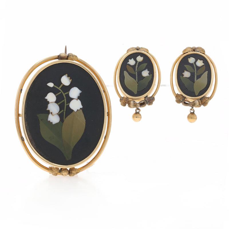 Design: Pietra Dura
Era: Victorian
Date: 1850s - 1860s

Metal Content: 14k Yellow Gold

Stone Information
Natural Hardstone (onyx, agate)
Cut: Inlay
Color: White, Green, & Black

Earrings Fastening Type: Non-Pierced Screw-On Closures
Brooch