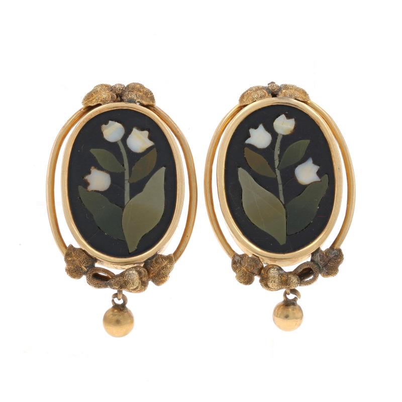 Yellow Gold Hardstone Victorian Pietra Dura Earrings & Brooch 14k Floral Inlay In Good Condition For Sale In Greensboro, NC