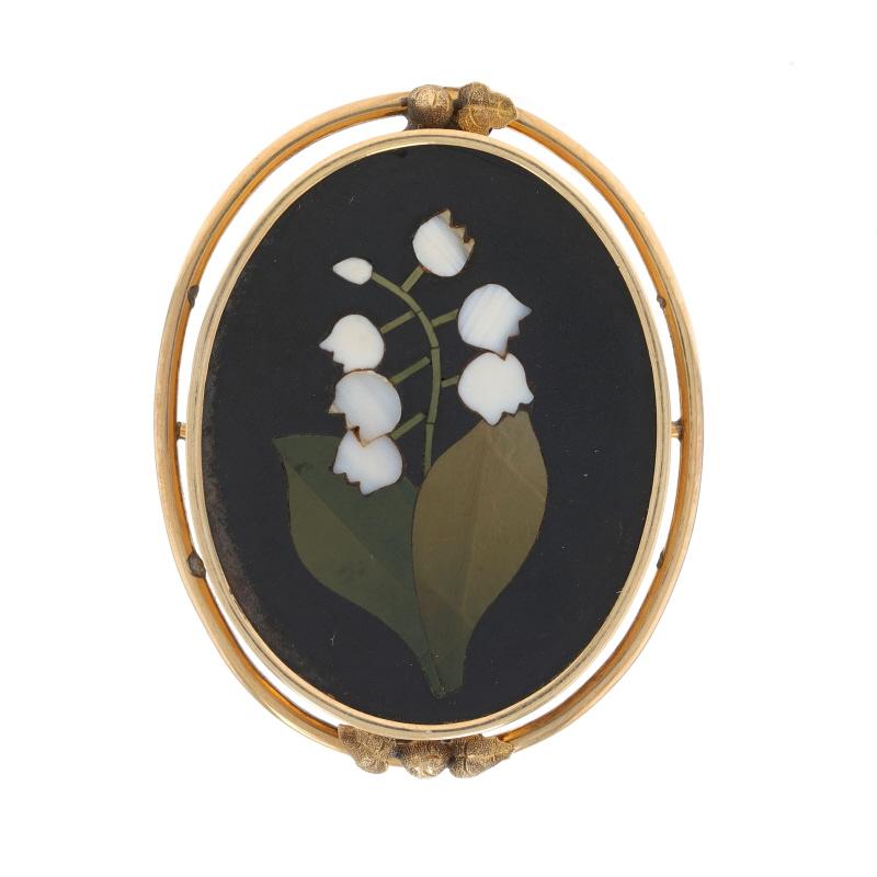 Yellow Gold Hardstone Victorian Pietra Dura Earrings & Brooch 14k Floral Inlay For Sale 1