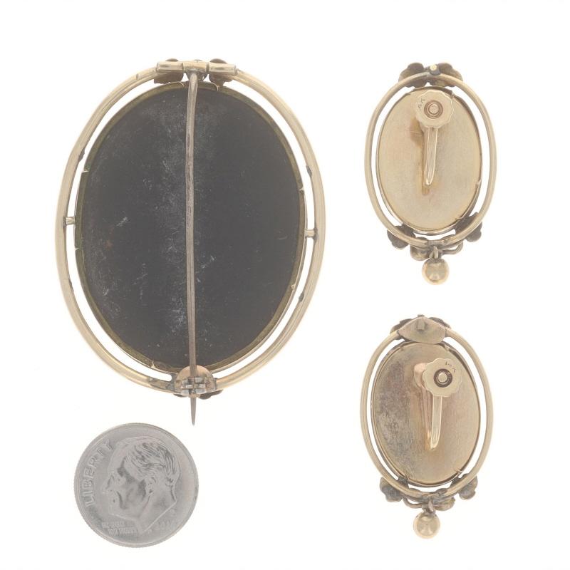 Yellow Gold Hardstone Victorian Pietra Dura Earrings & Brooch 14k Floral Inlay For Sale 3