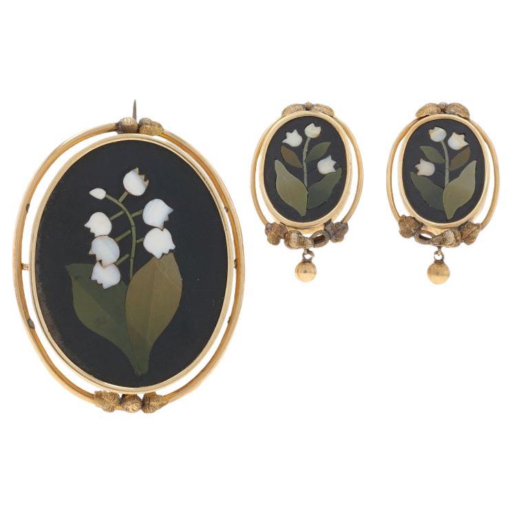 Yellow Gold Hardstone Victorian Pietra Dura Earrings & Brooch 14k Floral Inlay For Sale