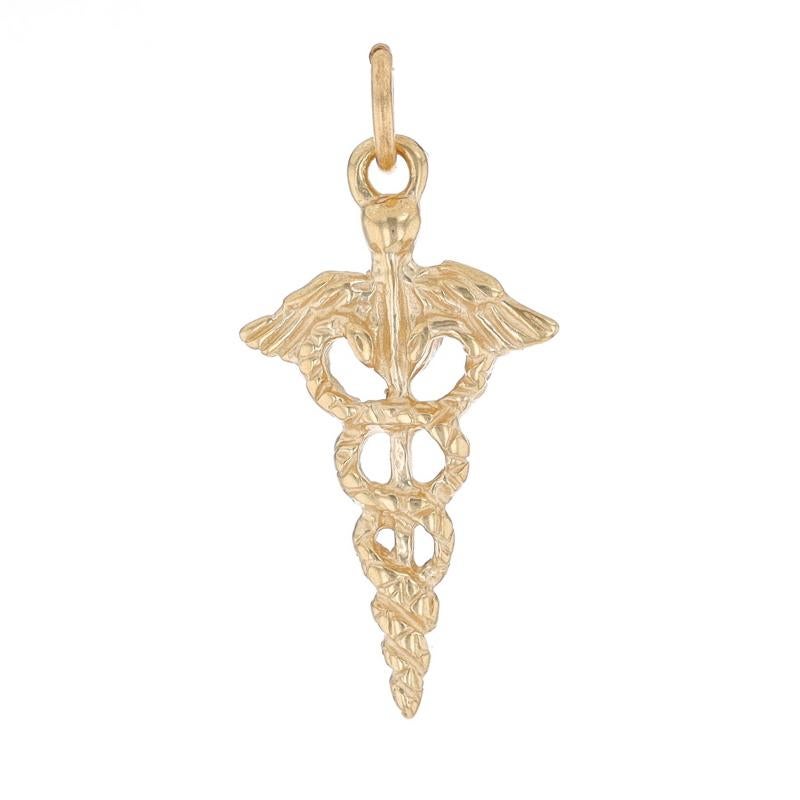 Metal Content: 14k Yellow Gold

Theme: Health Care Caduceus, Medical Professional
Features: Open Cut Design with Etched Detailing

Measurements

Tall (from stationary bail): 7/8