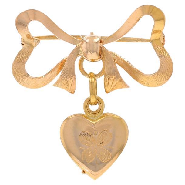 Yellow Gold Heart Bow Slide Locket Brooch - 18k Love Ribbon Two Frames Pin
