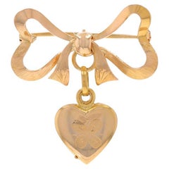 Yellow Gold Heart Bow Slide Locket Brooch - 18k Love Ribbon Two Frames Pin