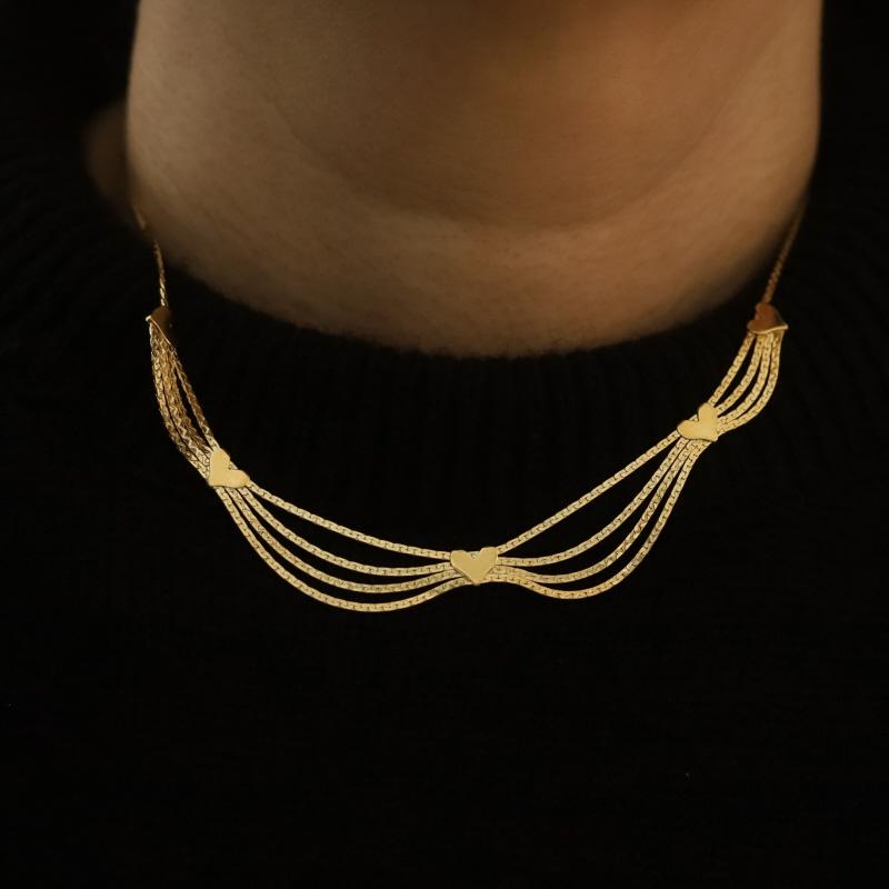 Yellow Gold Heart C-Link Station Chain Collar Necklace 16