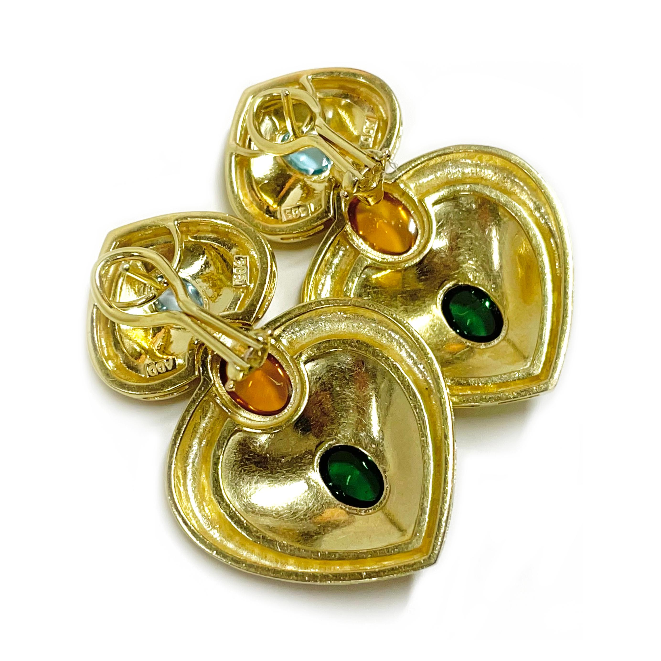 Women's or Men's Yellow Gold Heart Topaz Citrine Tourmaline Earrings